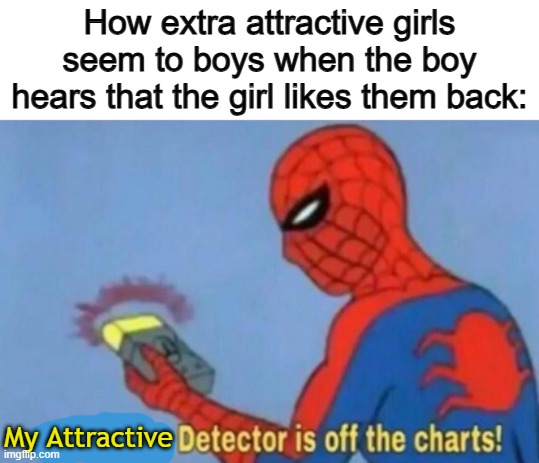 I'm 99% sure boys can relate... | How extra attractive girls seem to boys when the boy hears that the girl likes them back:; My Attractive | image tagged in my clown detector is off the charts | made w/ Imgflip meme maker