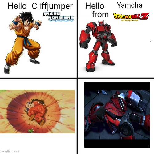 Yamcha meets Cliffjumper | Cliffjumper; Yamcha | image tagged in hello person from | made w/ Imgflip meme maker