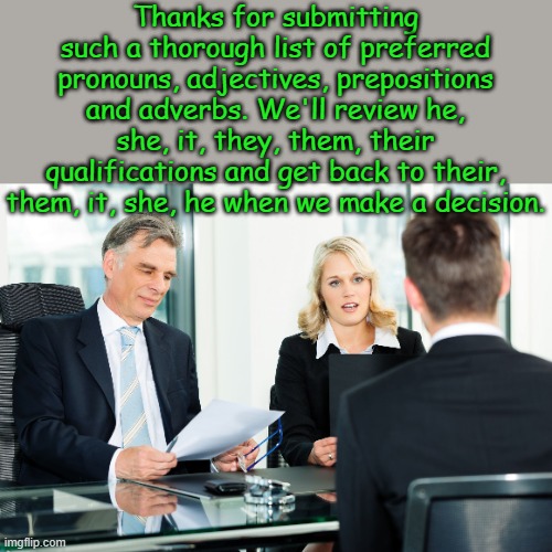 Woke job interview | Thanks for submitting such a thorough list of preferred pronouns, adjectives, prepositions and adverbs. We'll review he, she, it, they, them, their qualifications and get back to their, them, it, she, he when we make a decision. | image tagged in job interview | made w/ Imgflip meme maker