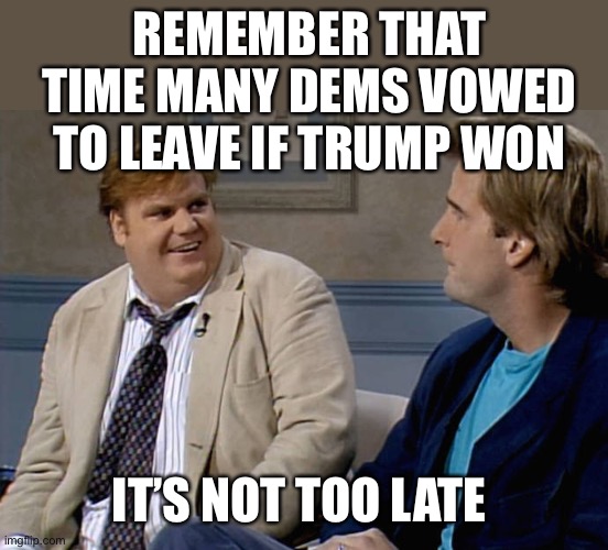 Remember that time | REMEMBER THAT TIME MANY DEMS VOWED TO LEAVE IF TRUMP WON IT’S NOT TOO LATE | image tagged in remember that time | made w/ Imgflip meme maker