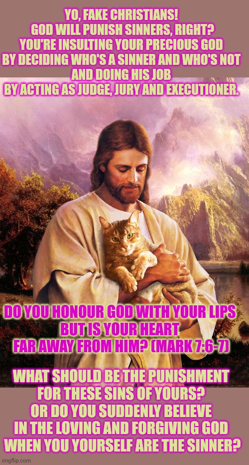 This #lolcat wonders why people who say they love God constantly insult Him | YO, FAKE CHRISTIANS! 
GOD WILL PUNISH SINNERS, RIGHT?

YOU'RE INSULTING YOUR PRECIOUS GOD 

BY DECIDING WHO'S A SINNER AND WHO'S NOT 
AND DOING HIS JOB 
BY ACTING AS JUDGE, JURY AND EXECUTIONER. DO YOU HONOUR GOD WITH YOUR LIPS 

BUT IS YOUR HEART 
FAR AWAY FROM HIM? (MARK 7:6-7); WHAT SHOULD BE THE PUNISHMENT 
FOR THESE SINS OF YOURS? 
OR DO YOU SUDDENLY BELIEVE 
IN THE LOVING AND FORGIVING GOD 
WHEN YOU YOURSELF ARE THE SINNER? | image tagged in god,evangelicals,christianity,conservative hypocrisy,think about it,lolcat | made w/ Imgflip meme maker