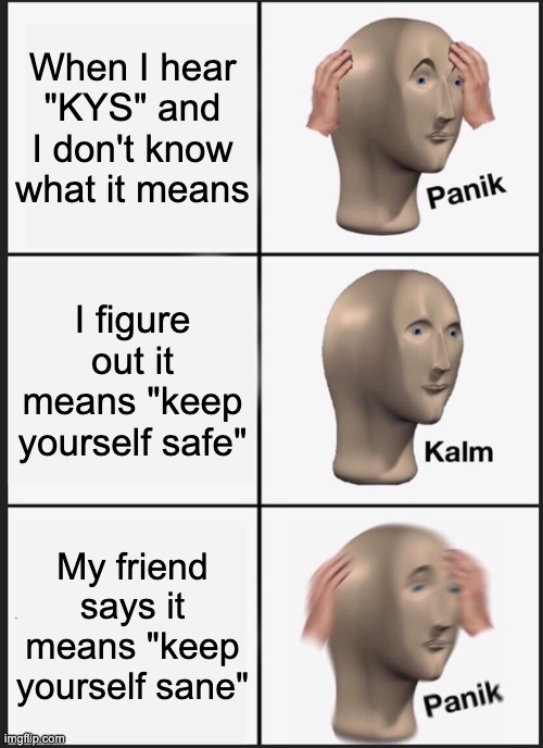 Panik Kalm Panik | When I hear "KYS" and I don't know what it means; I figure out it means "keep yourself safe"; My friend says it means "keep yourself sane" | image tagged in memes,panik kalm panik | made w/ Imgflip meme maker