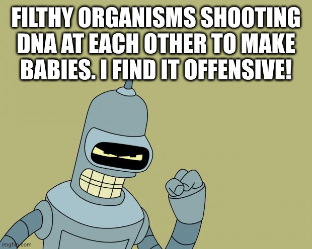 bender | FILTHY ORGANISMS SHOOTING DNA AT EACH OTHER TO MAKE BABIES. I FIND IT OFFENSIVE! | image tagged in bender | made w/ Imgflip meme maker