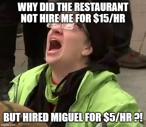 Crying liberal | WHY DID THE RESTAURANT NOT HIRE ME FOR $15/HR BUT HIRED MIGUEL FOR $5/HR ?! | image tagged in crying liberal | made w/ Imgflip meme maker