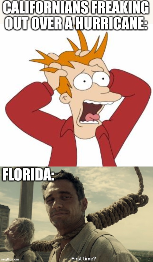 LOOKS LIKE THEY JUST GOT A BUNCH OF RAIN | CALIFORNIANS FREAKING OUT OVER A HURRICANE:; FLORIDA: | image tagged in fry freaking out,first time,california,florida,hurricane,hurricane hillary | made w/ Imgflip meme maker