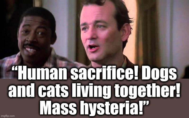 Ghostbusters mass hysteria | “Human sacrifice! Dogs
and cats living together!
Mass hysteria!” | image tagged in ghostbusters mass hysteria | made w/ Imgflip meme maker