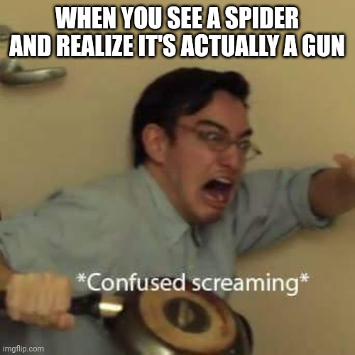 AI be weird as hell | WHEN YOU SEE A SPIDER AND REALIZE IT'S ACTUALLY A GUN | image tagged in filthy frank confused scream,ai,guns | made w/ Imgflip meme maker