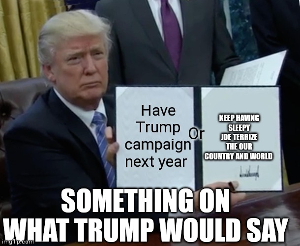 Sounds like something that trump would say | Have Trump campaign next year; Or; KEEP HAVING SLEEPY JOE TERRIZE THE OUR COUNTRY AND WORLD; SOMETHING ON WHAT TRUMP WOULD SAY | image tagged in memes,trump bill signing,trump saying that | made w/ Imgflip meme maker