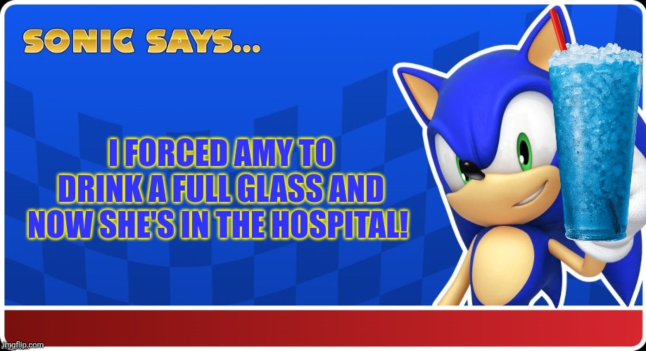 Sonic Says (S&ASR) | I FORCED AMY TO DRINK A FULL GLASS AND NOW SHE'S IN THE HOSPITAL! | image tagged in sonic says s asr | made w/ Imgflip meme maker