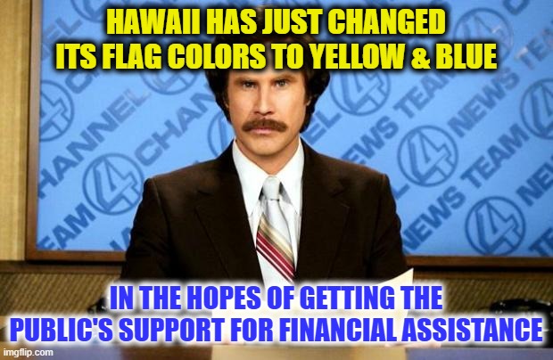 BREAKING NEWS | HAWAII HAS JUST CHANGED ITS FLAG COLORS TO YELLOW & BLUE; IN THE HOPES OF GETTING THE PUBLIC'S SUPPORT FOR FINANCIAL ASSISTANCE | image tagged in breaking news | made w/ Imgflip meme maker