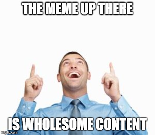 lats see what we get | THE MEME UP THERE; IS WHOLESOME CONTENT | image tagged in man pointing up,wholesome content | made w/ Imgflip meme maker