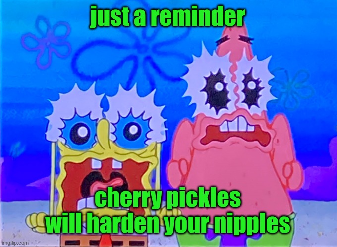Scare spongboob and patrichard | just a reminder; cherry pickles will harden your nipples | image tagged in scare spongboob and patrichard | made w/ Imgflip meme maker