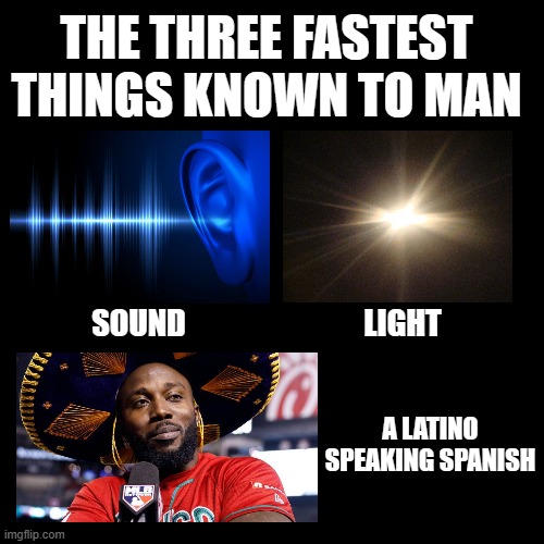 Spanish Speed | THE THREE FASTEST THINGS KNOWN TO MAN; SOUND                             LIGHT; A LATINO SPEAKING SPANISH | image tagged in black square | made w/ Imgflip meme maker