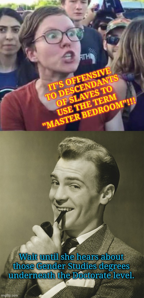 IT'S OFFENSIVE TO DESCENDANTS OF SLAVES TO USE THE TERM "MASTER BEDROOM"!!! Wait until she hears about those Gender Studies degrees underneath the Doctorate level. | image tagged in angry liberal,smug | made w/ Imgflip meme maker