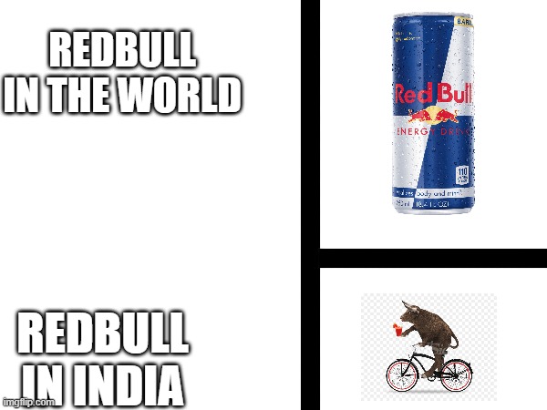 Redbull In India | REDBULL IN THE WORLD; REDBULL IN INDIA | image tagged in india,redbull | made w/ Imgflip meme maker