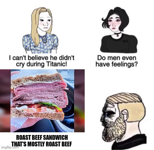 99% roast beef | ROAST BEEF SANDWICH THAT'S MOSTLY ROAST BEEF | image tagged in chad crying,food memes | made w/ Imgflip meme maker
