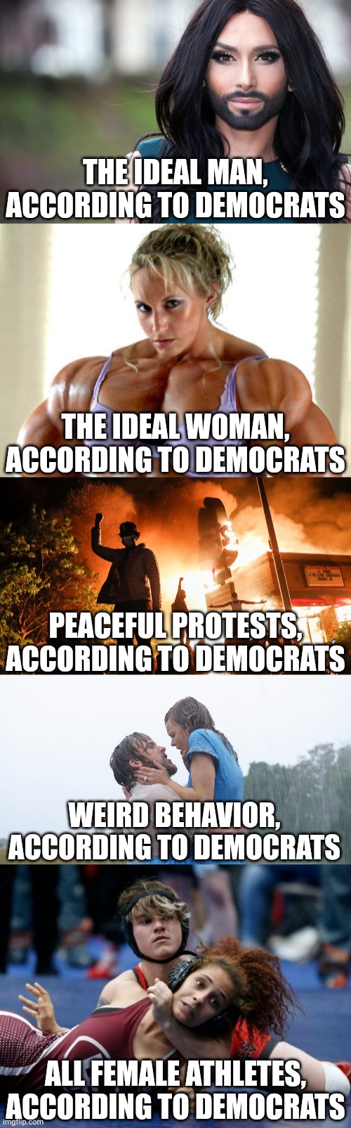 Hmmm.... I am seeing a pattern here.... | THE IDEAL MAN, ACCORDING TO DEMOCRATS; THE IDEAL WOMAN, ACCORDING TO DEMOCRATS; PEACEFUL PROTESTS, ACCORDING TO DEMOCRATS; WEIRD BEHAVIOR, ACCORDING TO DEMOCRATS; ALL FEMALE ATHLETES, ACCORDING TO DEMOCRATS | image tagged in transexual,muscle woman,blm riots,kiss for bot meme,mixed wrestling,democrats | made w/ Imgflip meme maker