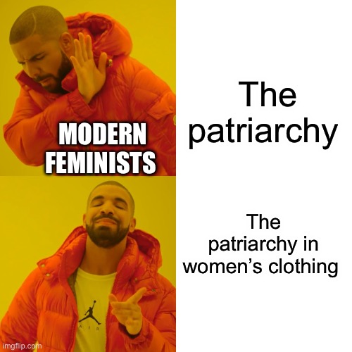 Drake Hotline Bling | The patriarchy; MODERN FEMINISTS; The patriarchy in women’s clothing | image tagged in memes,drake hotline bling,feminism,men vs women | made w/ Imgflip meme maker