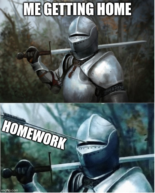 Knight with arrow in helmet | ME GETTING HOME; HOMEWORK | image tagged in knight with arrow in helmet | made w/ Imgflip meme maker