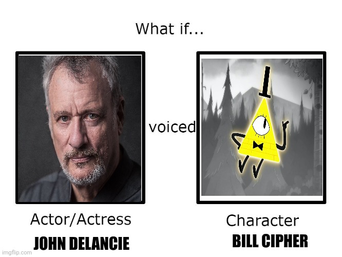 What if John Delancie voiced Bill Cipher??? | BILL CIPHER; JOHN DELANCIE | image tagged in what if this actor or actress voiced this character,gravity falls,star trek,mlp fim | made w/ Imgflip meme maker