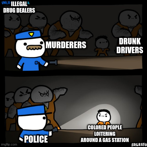 Srgrafo prison | ILLEGAL DRUG DEALERS; DRUNK DRIVERS; MURDERERS; COLORED PEOPLE LOITERING AROUND A GAS STATION; POLICE | image tagged in srgrafo prison,jail | made w/ Imgflip meme maker