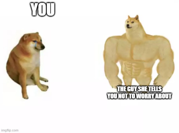 You vs. The guy she tells you not to worry about | YOU; THE GUY SHE TELLS YOU NOT TO WORRY ABOUT | image tagged in buff doge vs cheems reversed,memes,you vs the guy she tells you not to worry about | made w/ Imgflip meme maker