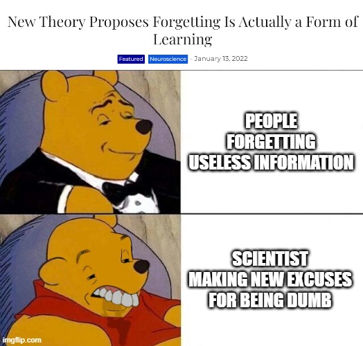 Dum | PEOPLE FORGETTING USELESS INFORMATION; SCIENTIST MAKING NEW EXCUSES FOR BEING DUMB | image tagged in tuxedo winnie the pooh grossed reverse | made w/ Imgflip meme maker