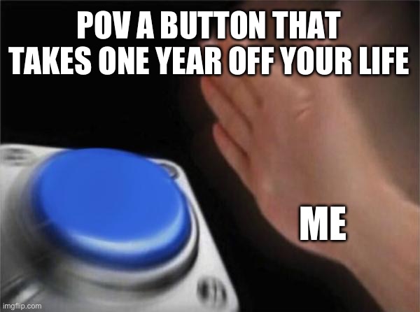 Totally | POV A BUTTON THAT TAKES ONE YEAR OFF YOUR LIFE; ME | image tagged in memes,blank nut button | made w/ Imgflip meme maker