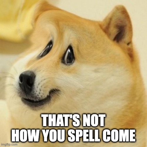 Nervous Smile Doge | THAT'S NOT HOW YOU SPELL COME | image tagged in nervous smile doge | made w/ Imgflip meme maker