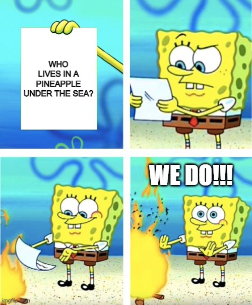 Spongebob Burning Paper | WHO LIVES IN A PINEAPPLE UNDER THE SEA? WE DO!!! | image tagged in spongebob burning paper | made w/ Imgflip meme maker