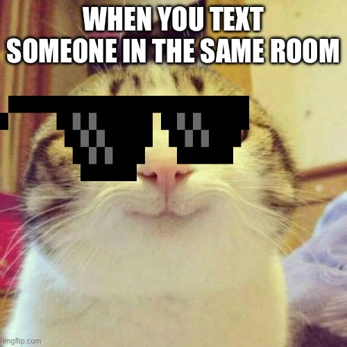 Kitty cat realatable | WHEN YOU TEXT SOMEONE IN THE SAME ROOM | image tagged in memes,smiling cat | made w/ Imgflip meme maker