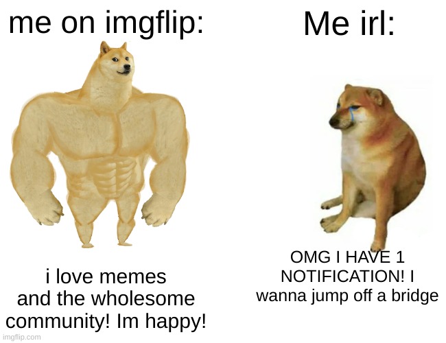 Buff Doge vs. Cheems | me on imgflip:; Me irl:; OMG I HAVE 1 NOTIFICATION! I wanna jump off a bridge; i love memes and the wholesome community! Im happy! | image tagged in memes,buff doge vs cheems | made w/ Imgflip meme maker