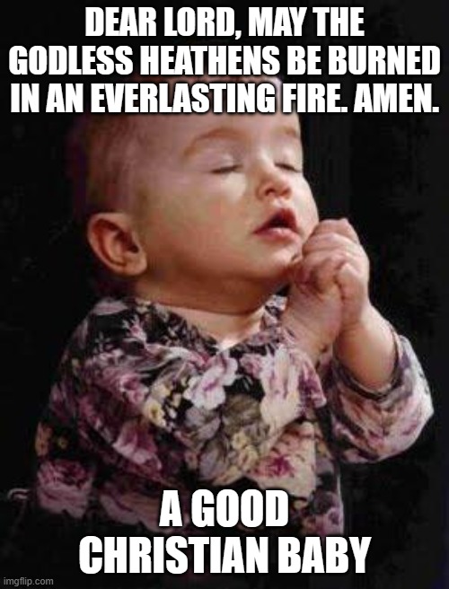 Baby Praying | DEAR LORD, MAY THE GODLESS HEATHENS BE BURNED IN AN EVERLASTING FIRE. AMEN. A GOOD CHRISTIAN BABY | image tagged in baby praying | made w/ Imgflip meme maker