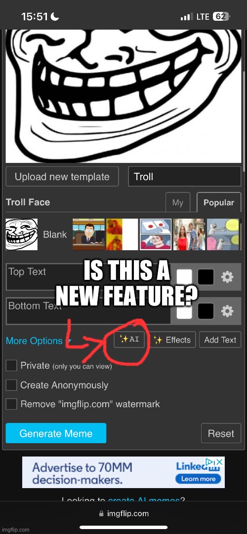 There is new AI in the Meme Generator? | IS THIS A NEW FEATURE? | image tagged in imgflip,feature | made w/ Imgflip meme maker