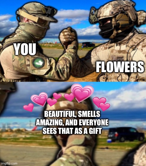 Personally, you’re a gift to everyone you meet <3 | FLOWERS; YOU; BEAUTIFUL, SMELLS AMAZING, AND EVERYONE SEES THAT AS A GIFT | image tagged in soldiers teaming,wholesome | made w/ Imgflip meme maker