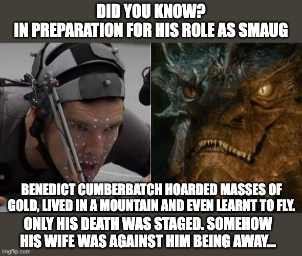 That's amazing | DID YOU KNOW?
IN PREPARATION FOR HIS ROLE AS SMAUG; BENEDICT CUMBERBATCH HOARDED MASSES OF GOLD, LIVED IN A MOUNTAIN AND EVEN LEARNT TO FLY. ONLY HIS DEATH WAS STAGED. SOMEHOW HIS WIFE WAS AGAINST HIM BEING AWAY... | image tagged in benedict cumberbatch smaug | made w/ Imgflip meme maker