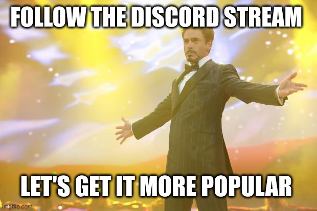 Tony Stark success | FOLLOW THE DISCORD STREAM; LET'S GET IT MORE POPULAR | image tagged in tony stark success | made w/ Imgflip meme maker