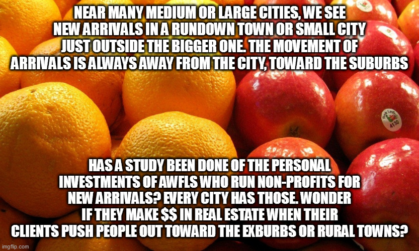 NEAR MANY MEDIUM OR LARGE CITIES, WE SEE NEW ARRIVALS IN A RUNDOWN TOWN OR SMALL CITY JUST OUTSIDE THE BIGGER ONE. THE MOVEMENT OF ARRIVALS IS ALWAYS AWAY FROM THE CITY, TOWARD THE SUBURBS; HAS A STUDY BEEN DONE OF THE PERSONAL INVESTMENTS OF AWFLS WHO RUN NON-PROFITS FOR NEW ARRIVALS? EVERY CITY HAS THOSE. WONDER IF THEY MAKE $$ IN REAL ESTATE WHEN THEIR CLIENTS PUSH PEOPLE OUT TOWARD THE EXBURBS OR RURAL TOWNS? | image tagged in memes | made w/ Imgflip meme maker