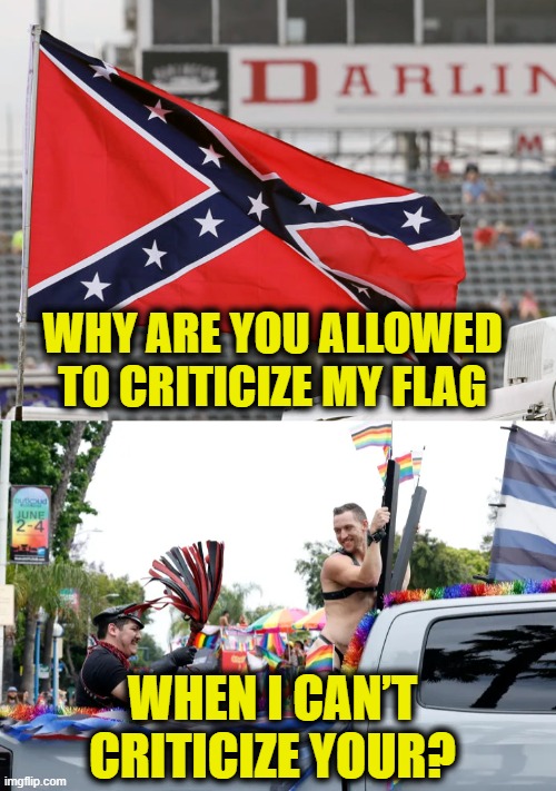 Southern Pride v. Gay Pride | WHY ARE YOU ALLOWED
TO CRITICIZE MY FLAG; WHEN I CAN’T
CRITICIZE YOUR? | image tagged in southern pride | made w/ Imgflip meme maker