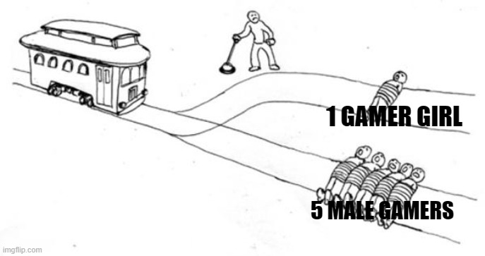 The Gamers Trolley Problem | 1 GAMER GIRL; 5 MALE GAMERS | image tagged in trolley problem | made w/ Imgflip meme maker