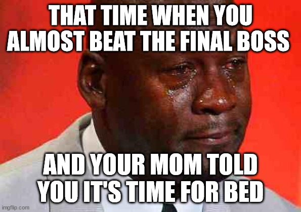 noooooo | THAT TIME WHEN YOU ALMOST BEAT THE FINAL BOSS; AND YOUR MOM TOLD YOU IT'S TIME FOR BED | image tagged in crying michael jordan,video games | made w/ Imgflip meme maker