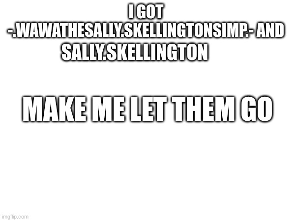 I GOT 
-.WAWATHESALLY.SKELLINGTONSIMP.- AND; SALLY.SKELLINGTON; MAKE ME LET THEM GO | made w/ Imgflip meme maker