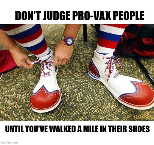 Pro-Vax Clowns | DON'T JUDGE PRO-VAX PEOPLE; UNTIL YOU'VE WALKED A MILE IN THEIR SHOES | image tagged in clownshoes | made w/ Imgflip meme maker