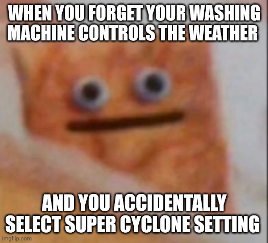 Weather controlling washing machine | WHEN YOU FORGET YOUR WASHING MACHINE CONTROLS THE WEATHER; AND YOU ACCIDENTALLY SELECT SUPER CYCLONE SETTING | image tagged in shook | made w/ Imgflip meme maker