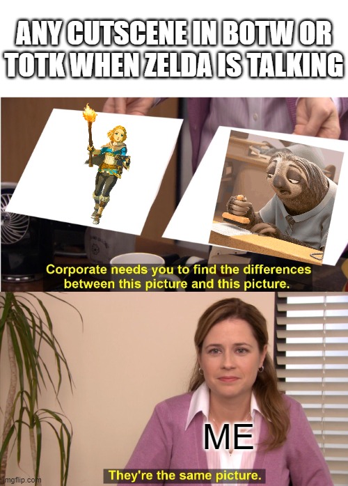 She talks too slow | ANY CUTSCENE IN BOTW OR TOTK WHEN ZELDA IS TALKING; ME | image tagged in memes,they're the same picture,totk,botw | made w/ Imgflip meme maker