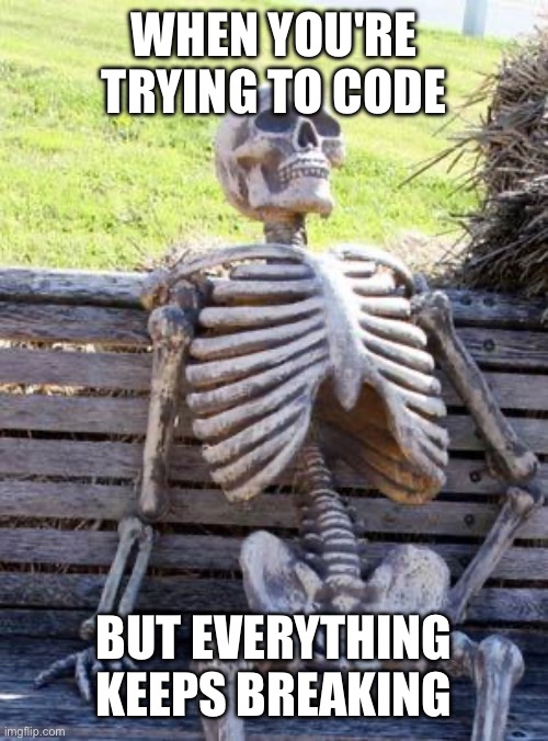 This is not Really Funny! Unless it is. | WHEN YOU'RE TRYING TO CODE; BUT EVERYTHING KEEPS BREAKING | image tagged in memes,waiting skeleton | made w/ Imgflip meme maker