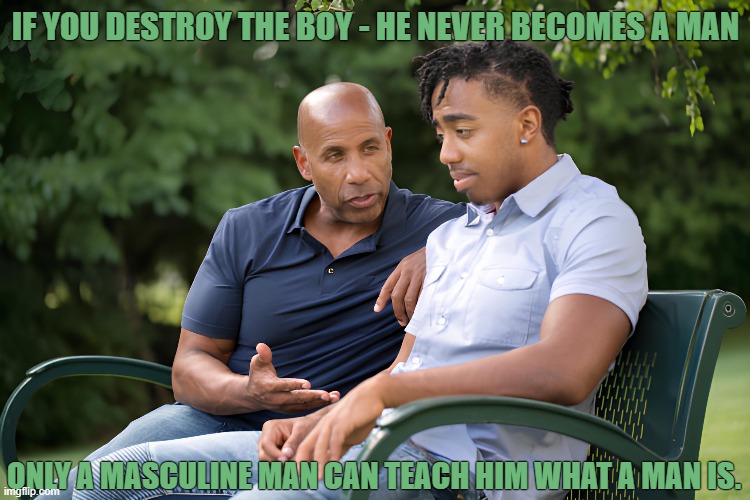 IF YOU DESTROY THE BOY - HE NEVER BECOMES A MAN; ONLY A MASCULINE MAN CAN TEACH HIM WHAT A MAN IS. | made w/ Imgflip meme maker