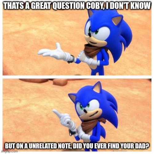 Sonic boom | THATS A GREAT QUESTION COBY, I DON'T KNOW; BUT ON A UNRELATED NOTE, DID YOU EVER FIND YOUR DAD? | image tagged in sonic boom | made w/ Imgflip meme maker