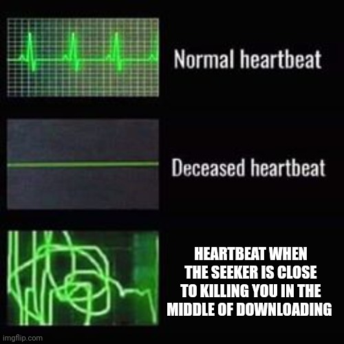 Has this happened? | HEARTBEAT WHEN THE SEEKER IS CLOSE TO KILLING YOU IN THE MIDDLE OF DOWNLOADING | image tagged in heartbeat rate,among us,hide and seek | made w/ Imgflip meme maker