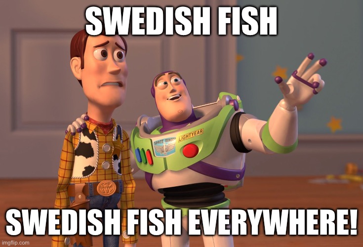 Bahaha | SWEDISH FISH; SWEDISH FISH EVERYWHERE! | image tagged in memes,x x everywhere,swedish fish,random,fish | made w/ Imgflip meme maker
